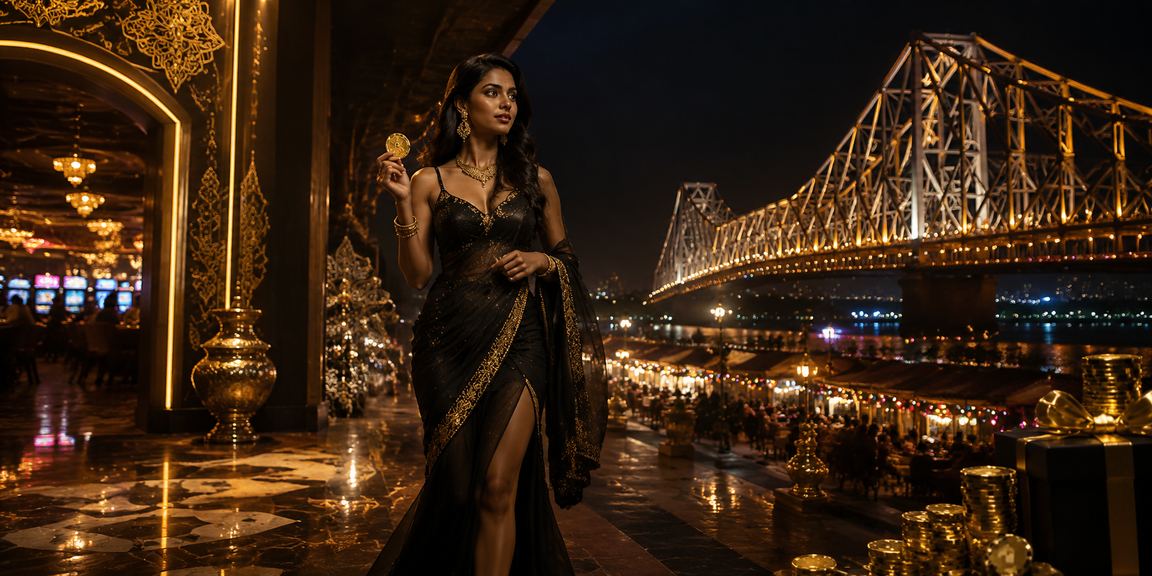 Kolkata night market with casino entertainment neon lights