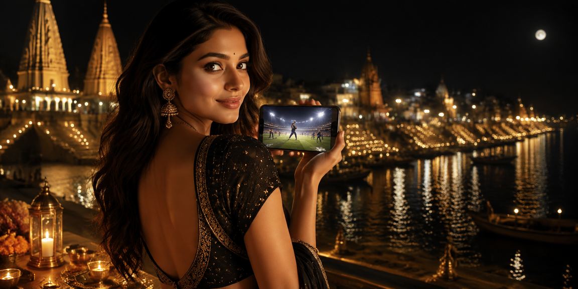 Cricket betting enthusiast viewing scores at Varanasi Ghat